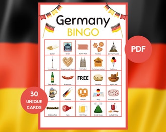 Germany Bingo - Travel Bingo - 30 Germany Bingo Cards - Germany Party Game - Printable Germany Bingo - PDF