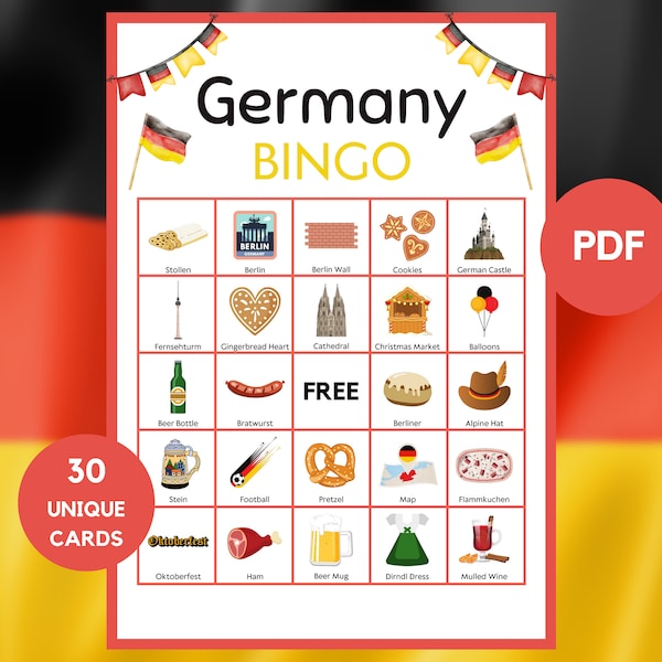 Germany Bingo - Travel Bingo - 30 Germany Bingo Cards - Germany Party Game - Printable Germany Bingo - PDF