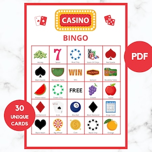 Casino-Bingo – Casino-Party-Aktivität – 30 Casino-Bingo-Karten – Casino-Geburtstagsspiel – Casino-Aktivität – druckbares Casino-Bingo – PDF