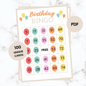 Birthday Bingo - 100 Birthday Bingo Cards - Birthday Party Game - Happy Birthday - Printable - Balloons
