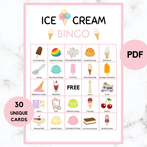 Ice Cream Bingo - Ice Cream Activity- 30 Printable Ice Cream Bingo Cards - Ice Cream Birthday Game - Ice Cream Summer Activity - PDF
