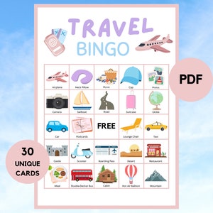 Reise-Bingo – 30 Reise-Bingo-Karten – Reise-Partyspiel – Reise-Geburtstag – druckbares Reise-Bingo – PDF