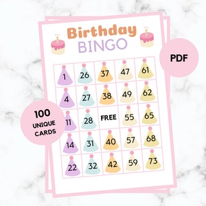 Birthday Bingo - 100 Birthday Bingo Cards - Birthday Party Game - Happy Birthday - Printable - Party hat