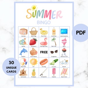 Bingo de verão - Atividade de verão - 30 cartas de bingo de verão - Jogo de verão - Jogo de verão para crianças - Bingo de verão para impressão - PDF