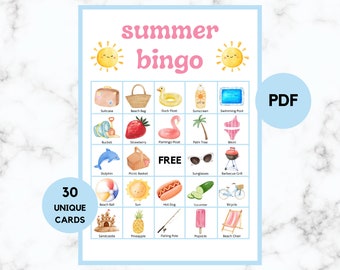 Summer Bingo - Summer Activity- 30 Summer Bingo Cards - Summer Game - Summer Game For Kids - Printable Summer Bingo - PDF