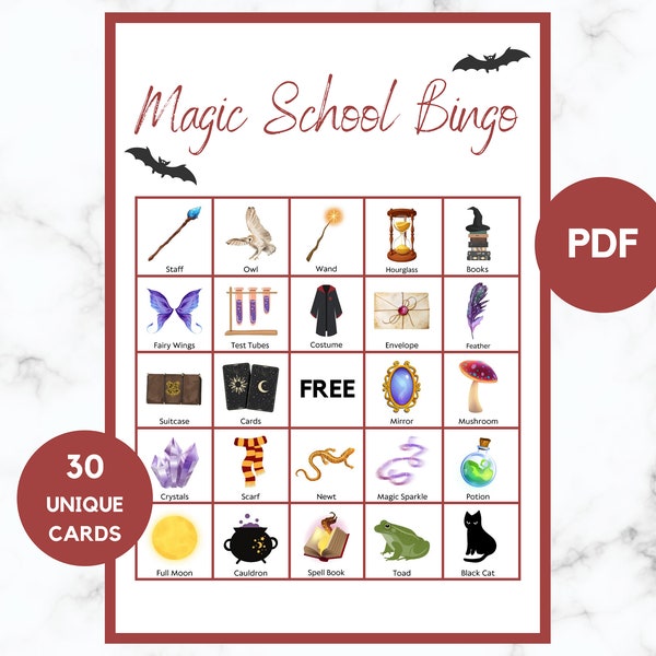 Printable Magic School Bingo - Wizard Bingo - Halloween Classroom Activity - 30 Bingo Cards - Halloween Game - Halloween Kids Party Activity