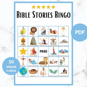 Bibelgeschichten-Bingo – 30 Bibelgeschichten-Bingokarten – Bibelgeschichten-Partyspiel – Bibelgeschichten-Bingo zum Ausdrucken – Ostergeschichten-Bingo – PDF