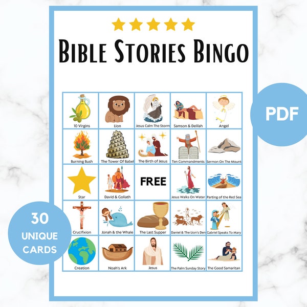 Bible Stories Bingo - 30 Bible Stories Bingo Cards - Bible Stories Party Game - Printable Bible Stories Bingo - Easter Story Bingo - PDF