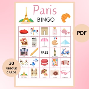 Paris Bingo - Travel Bingo - 30 Paris Bingo Cards - Paris Party Game - Paris Birthday - Printable Paris Bingo - PDF