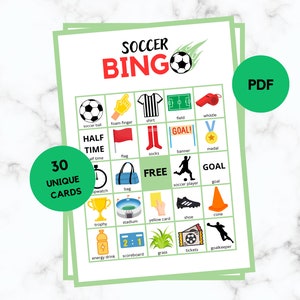 Bingo de fútbol - 30 cartas de bingo de fútbol - Juego de fiesta de fútbol - Cumpleaños de fútbol - Bingo de fútbol