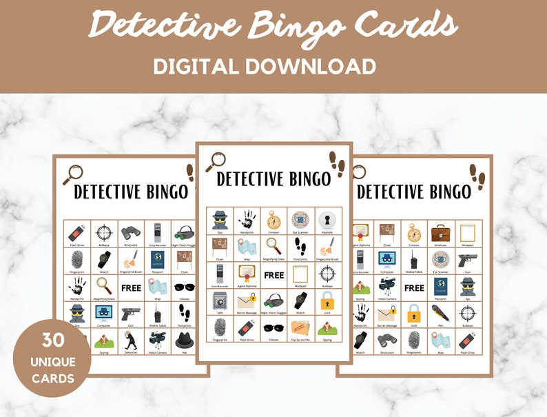 Puede incluir: Un conjunto de tres tarjetas de bingo de detectives imprimibles con 30 tarjetas &uacute;nicas. Cada tarjeta tiene una cuadr&iacute;cula de 5x5 con im&aacute;genes de art&iacute;culos con tem&aacute;tica de detectives como una lupa, esposas, un arma, una huella digital y una cerradura. El texto "DETECTIVE BINGO" est&aacute; en la parte superior de cada tarjeta.