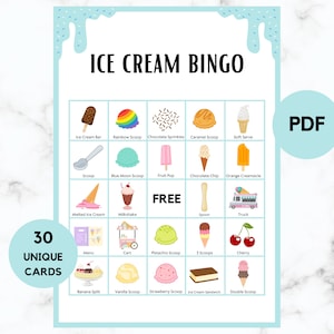 Bingo à la crème glacée - Activité de crème glacée - 30 cartes de bingo à la crème glacée imprimables - Jeu d&#39;anniversaire de crème glacée - Activité d&#39;été de crème glacée - PDF