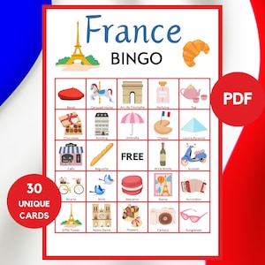 France Bingo - Travel Bingo - 30 France Bingo Cards - France Party Game - France Birthday - France Printable Bingo - PDF