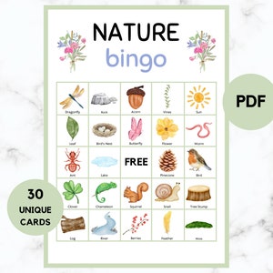 Bingo naturale - 30 carte Bingo naturale - Gioco di feste naturali - Escursione nella natura Bingo - Bingo da campeggio - Bingo naturale stampabile - PDF