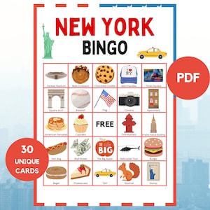 Bingo de Nueva York - Bingo de viaje - 30 cartones de bingo de Nueva York - Juego de fiesta de Nueva York - Bingo de cumpleaños de Nueva York - Bingo de Nueva York imprimible - PDF