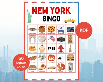 New York Bingo - Travel Bingo - 30 New York Bingo Cards - New York Party Game - New York Birthday Bingo - Printable New York Bingo - PDF
