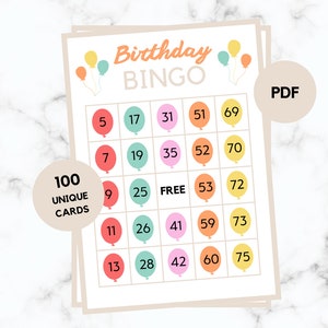 Birthday Bingo - 100 Birthday Bingo Cards - Birthday Party Game - Birthday - Balloon - Birthday Bingo