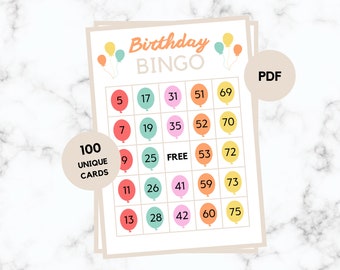 Birthday Bingo - 100 Birthday Bingo Cards - Birthday Party Game - Birthday - Balloon - Birthday Bingo