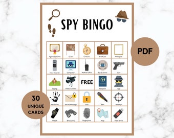 Op de afbeelding: Een printbaar Spy Bingo-spel met 30 unieke kaarten. De bingokaart heeft 25 vakjes met spionage-thema afbeeldingen, waaronder een kompas, aktetas, notitieblok, pistool, walkie-talkie, spion, paspoort, videocamera en meer.