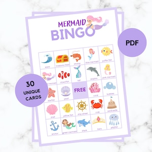 Mermaid Bingo - 30 Mermaid Bingo Cards - Mermaid Party Game - Mermaid Birthday - Mermaid Bingo