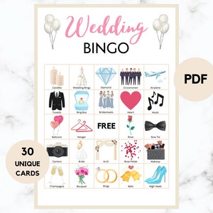 Bingo de bodas - Bingo nupcial - 30 cartas de bingo de bodas - Juego de fiesta nupcial - Juego de bodas - Juego de recepción - Bingo imprimible nupcial - PDF