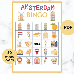 Bingo de Ámsterdam - Bingo de los Países Bajos - 30 cartones de bingo de Ámsterdam - Juego de fiesta de Ámsterdam - Ámsterdam - Bingo de viaje - Imprimible - PDF
