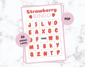 May include: A printable Strawberry Bingo card with 30 unique cards. The card features a 5x5 grid with letters of the alphabet in each square, with a free space in the center. The card is pink with a strawberry graphic at the top.