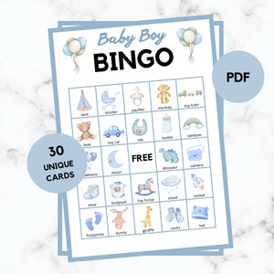 Baby Boy Bingo - 30 Baby Boy Bingo Cards - Baby Boy Party Game - Baby Boy - Baby Boy Bingo - Baby shower Bingo - Blue