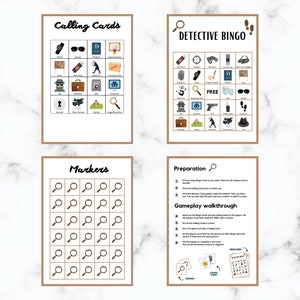Puede incluir: Un juego de bingo de detectives imprimible con tarjetas de llamada, marcadores e instrucciones. El juego presenta una variedad de im&aacute;genes con tem&aacute;tica de detectives, como lupas, huellas dactilares y un esp&iacute;a.