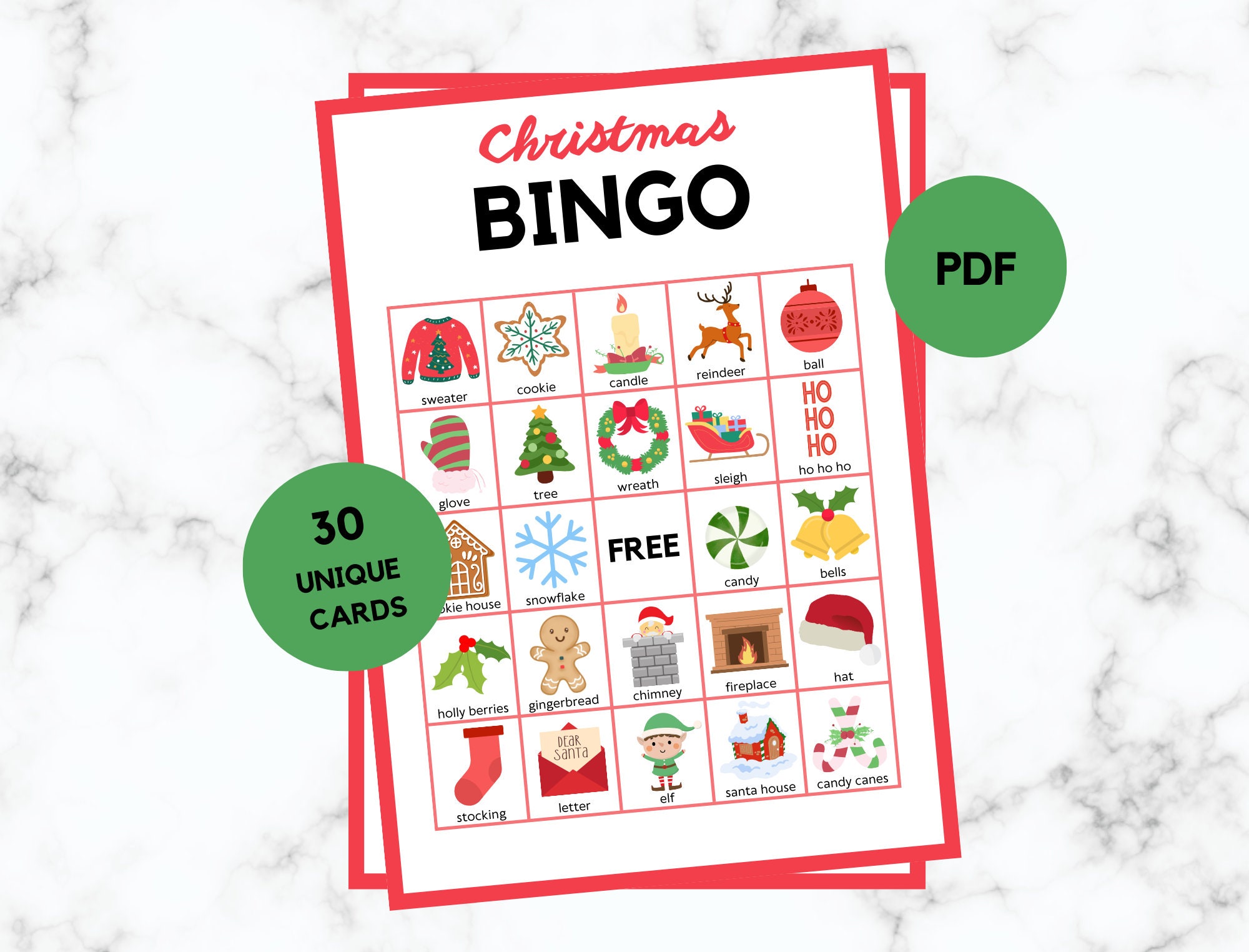 Christmas Bingo - 30 Christmas Bingo Cards - Christmas Party Game - Christmas Birthday - Christmas Bingo
