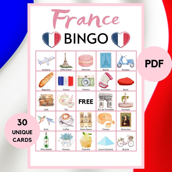 France Bingo - Travel Bingo - 30 France Bingo Cards - France Party Game - France Birthday - France Printable Bingo - PDF