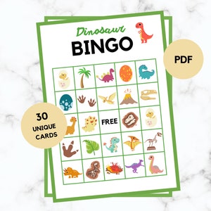 Bingo de dinosaurios - 30 cartas de bingo de dinosaurios - Juego de fiesta de dinosaurios - Cumpleaños de dinosaurios - Bingo de dinosaurios