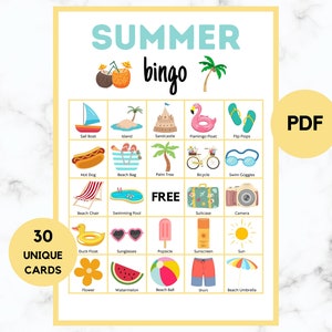 Bingo de verão - Atividade de verão - 30 cartas de bingo de verão - Jogo de verão - Jogo de verão para crianças - Bingo de verão para impressão - PDF
