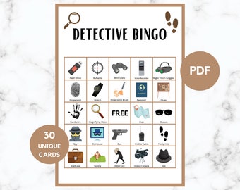 Detective Bingo - Spy Birthday Activity- 30 Detective Printable Bingo Cards - Spy Birthday Party Game - Secret Agent Party - PDF