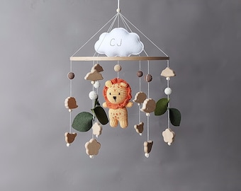 Baby mobile lion Safari baby room nursery decor Crochet crib mobile musical Jungle animal baby rattle Personalized cot hanging mobile gift