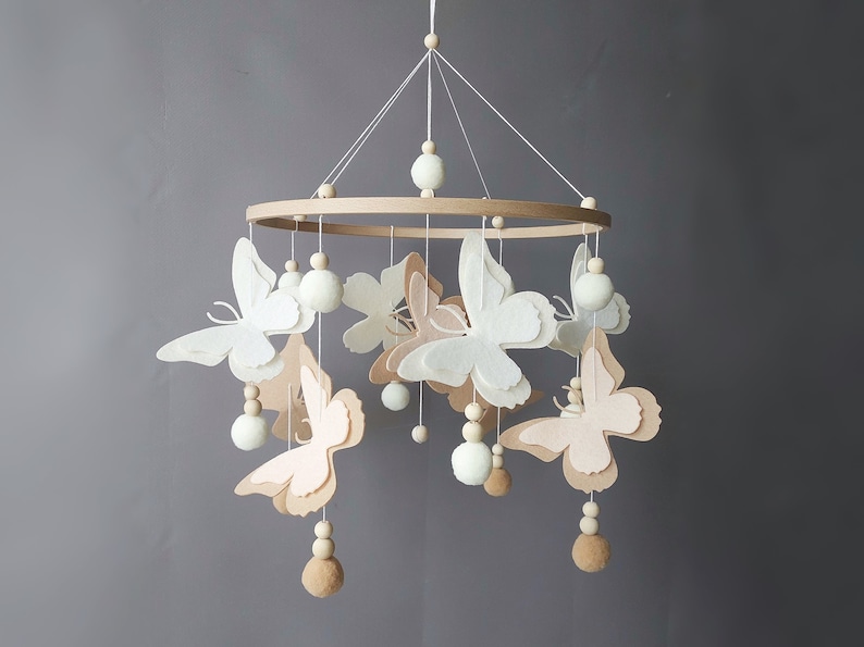 Butterfly mobile baby girl Crib pom pom boho mobile musical bebe Nursery felt baby mobile neutral Hanging ball Cot wood beads mobile image 1