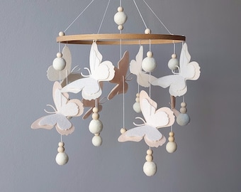 Butterfly Crib Mobile with Music Box – Boho & Elegant Baby girl Mobile - Baby shower gift - Cream White Newborn nursery Decor with Pom Poms