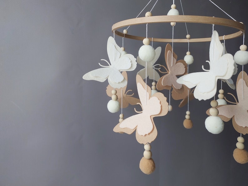 Butterfly mobile baby girl Crib pom pom boho mobile musical bebe Nursery felt baby mobile neutral Hanging ball Cot wood beads mobile image 2