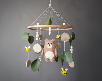 Woodland mobile Bear nursery baby mobile with honey bee and leaves Bumble bee crib mobile neutral Woodland baby shower Leaf musical mobile