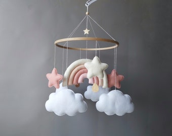 Mobile bébé fille arc-en-ciel pour lit de bébé mobile nuage musical mobile pour chambre d'enfant bohème décoration feutre rose laiteux étoiles mobile suspension mobile pour lit bébé