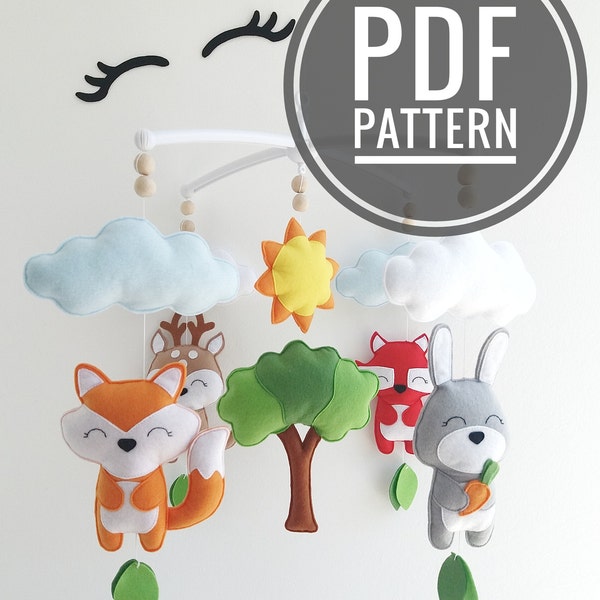 Felt pattern baby mobile Woodland mobile DIY felt toys fox deer bunny raccon PDF sewing digital pattern Forest animals instant download