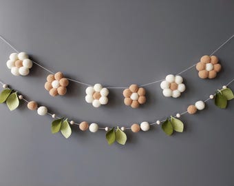 Conjunto de guirnalda de flores de primavera, decoración de guardería de margaritas para niña, decoración de estante con hojas de fieltro, banderines de margaritas para colgar en la pared, guirnalda de pompones neutral