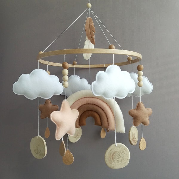 Boho mobile Neutral baby mobile Rainbow mobile musical bebe for boho nursery decor Felt mobile hanging Crib mobile gender neutral