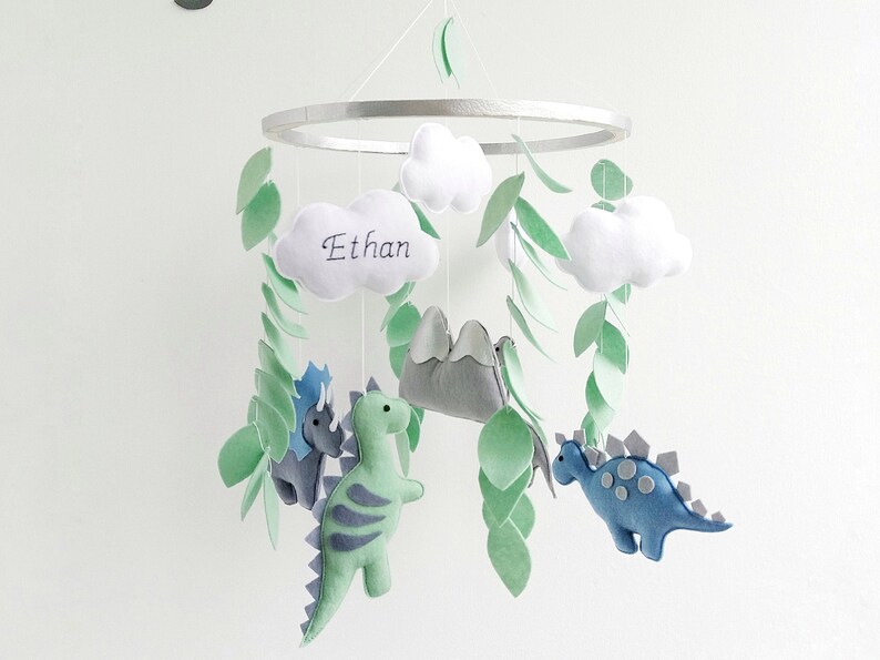 Baby mobile dinosaur nursery mobile Hanging musical mobile Baby mobile boy with jungle for crib cot Dino baby mobile kit Nature felt mobile