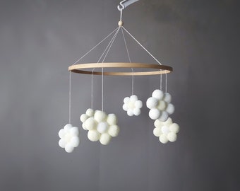 Pom pom baby mobile Crib mobile musical bebe Boho nursery decor Flower mobile girl Hanging Cot baby mobile neutral New baby gift