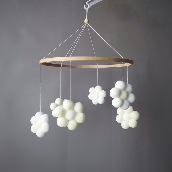 Pom pom baby mobile Crib mobile musical bebe Boho nursery decor Flower mobile girl Hanging Cot baby mobile neutral New baby gift