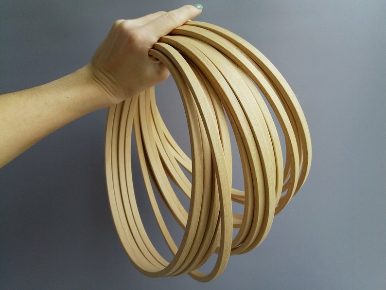 Op de afbeelding: Een stapel van 10 natuurlijke houten hoepels, elk ongeveer 1,25 cm breed. De hoepels zijn in een cirkelvormige opstelling gerangschikt en worden in de hand van een persoon gehouden.