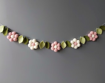 Floral wall hanging flower garland Baby girl nursery decor Bookshelf decor Pink daisy Green leaves Playroom Shelf decor