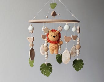 Baby mobile Safari nursery decor Crib mobile with crochet lion baby rattle Neutral musical Cot hanging Jungle animal mobile Baby Shower gift
