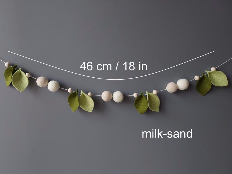 Felt leaves garland Spring greenery garland Neutral nursery decor Wall hanging Shelf decor Ball mantel garland Fairy garden accessories milk-sand
